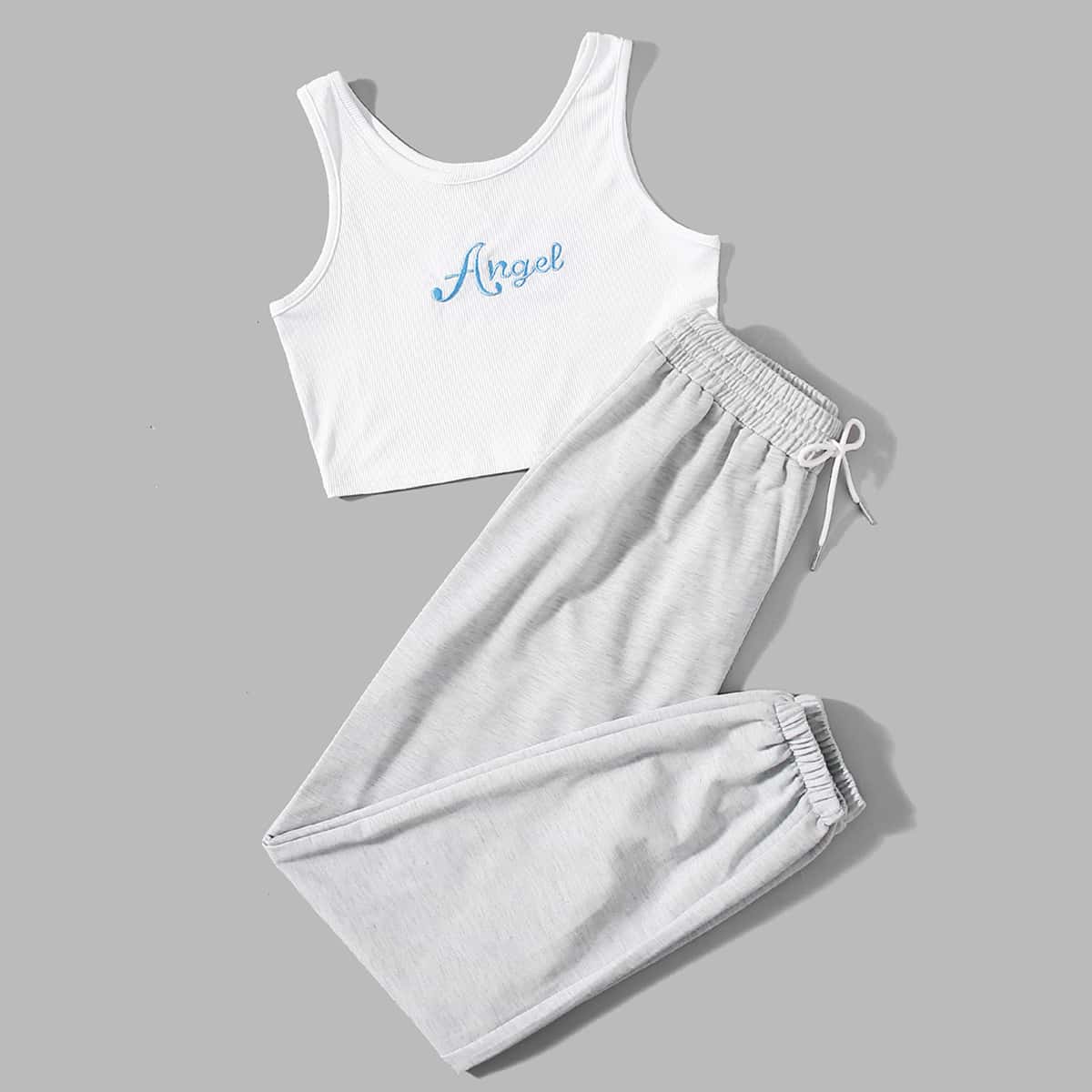 

Letter Embroidery Ribbed Tank Top & Solid Sweatpants, Multicolor