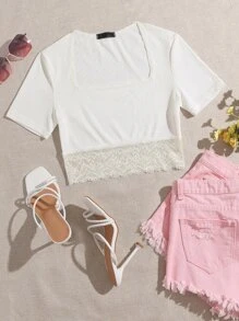 Camiseta corta ribete con encaje de cuello cuadrado - Blanco - Ver 1