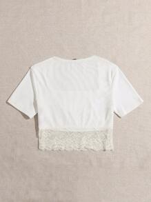 Camiseta corta ribete con encaje de cuello cuadrado - Blanco - Ver 2