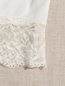 Camiseta corta ribete con encaje de cuello cuadrado - Blanco - Ver 3