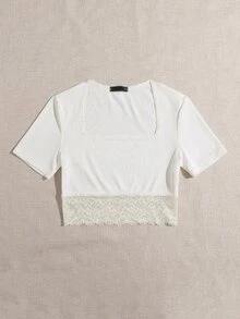 Camiseta corta ribete con encaje de cuello cuadrado - Blanco - Ver 4