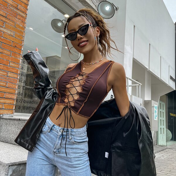 

Lace Up Front Tank Top, Coffee brown