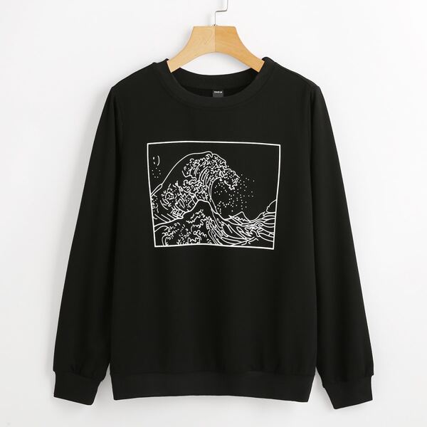 

Wave Print Crew Neck Sweatshirt, Black