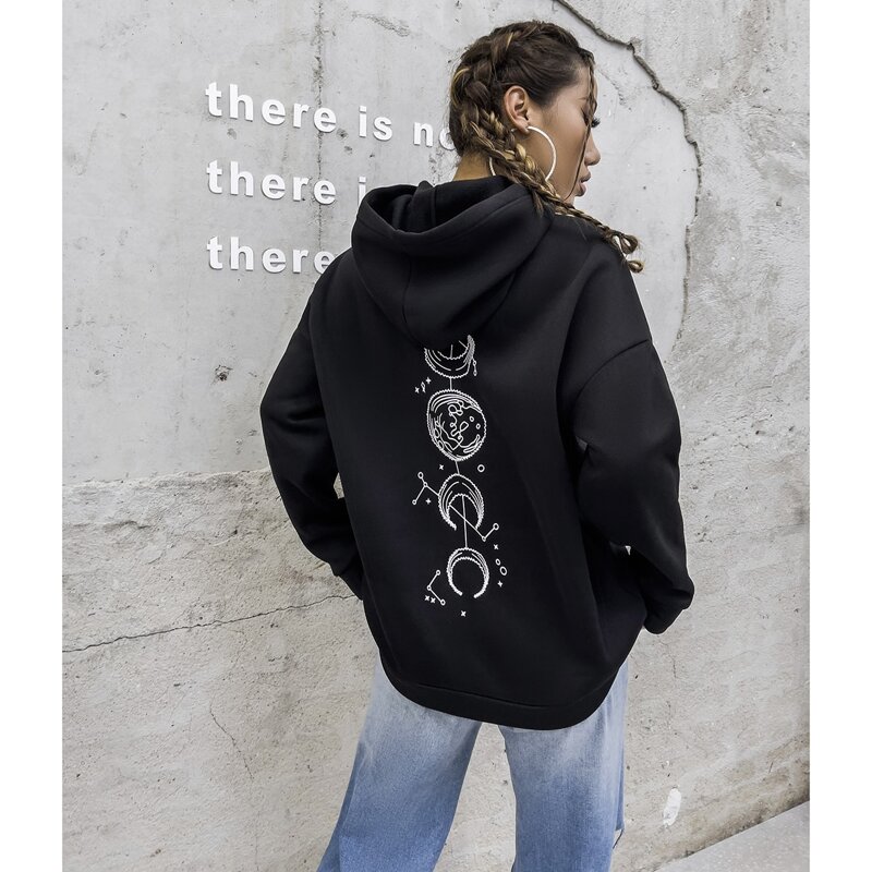 

Graphic Print Drop Shoulder Hoodie, Black