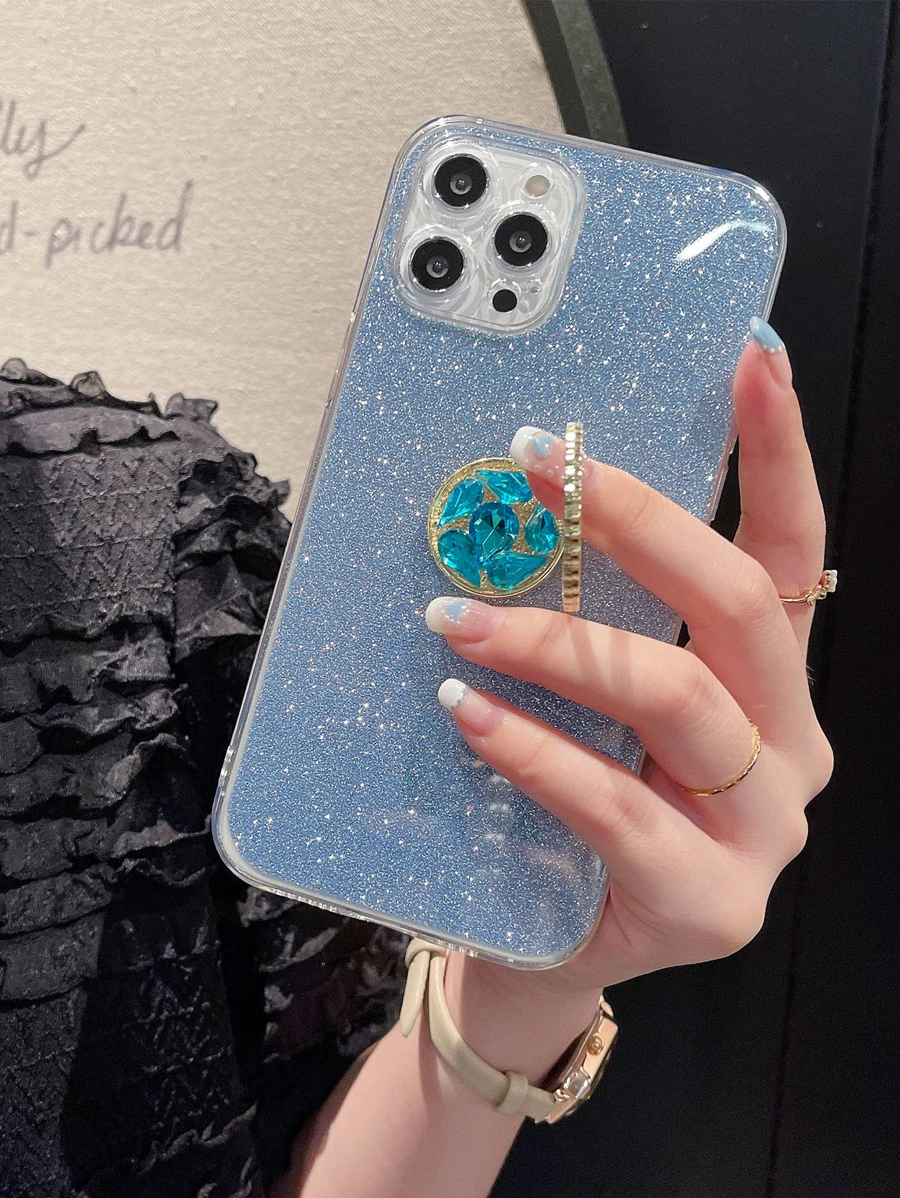Glitter Phone Case With Rhinestone Decor Ring Holder - Blue - View 1