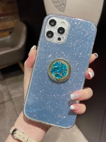 Glitter Phone Case With Rhinestone Decor Ring Holder - Blue - View 2