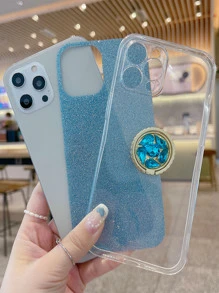 Glitter Phone Case With Rhinestone Decor Ring Holder - Blue - View 4