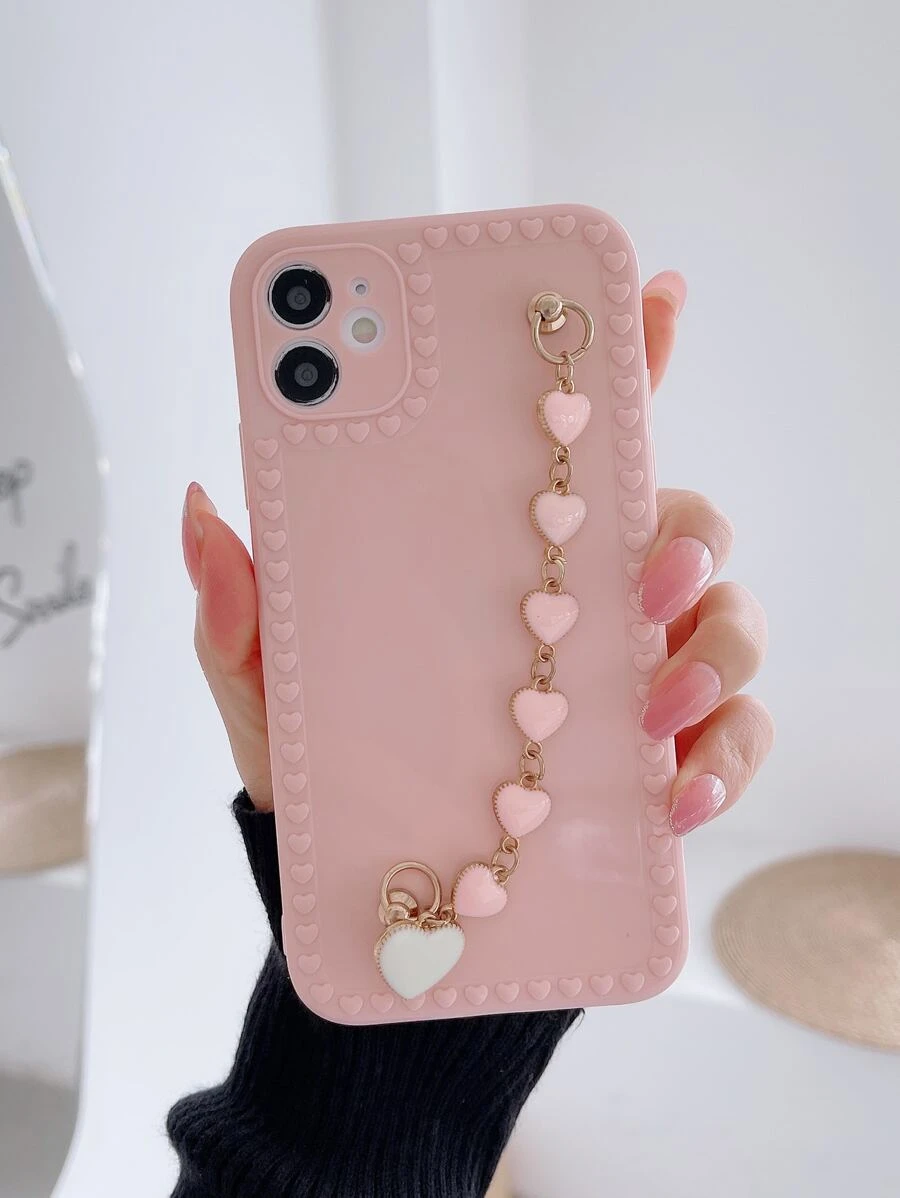 With Phone Charm Pink Cell Phone Lanyards 1pc Heart Frame Phone Case With Small Heart Charm & Chain, Compatible With IPhone - Pink - View 1