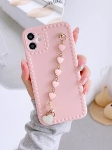 With Phone Charm Pink Cell Phone Lanyards 1pc Heart Frame Phone Case With Small Heart Charm & Chain, Compatible With IPhone - Pink - View 2