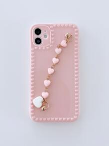 With Phone Charm Pink Cell Phone Lanyards 1pc Heart Frame Phone Case With Small Heart Charm & Chain, Compatible With IPhone - Pink - View 3