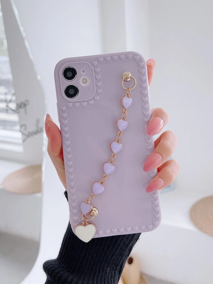 带手机吊饰手机挂绳 1 件心形相框带心形吊坠手机壳兼容 iPhone - 紫色 - 查看 1