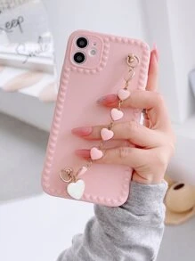 With Phone Charm Pink Cell Phone Lanyards 1pc Heart Frame Phone Case With Small Heart Charm & Chain, Compatible With IPhone - Pink - View 4