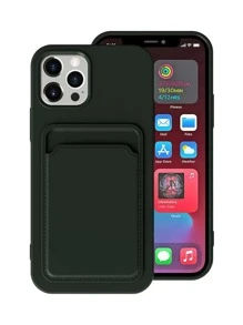 1pc Solid Color Silicone Card Holder Case, Compatible With IPhone 11 12 13 14 15 Pro Max 16 Pro Max - Dark Green - View 1