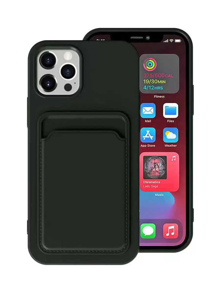 1pc Solid Color Silicone Card Holder Case, Compatible With IPhone 11 12 13 14 15 Pro Max 16 Pro Max - Dark Green - View 1