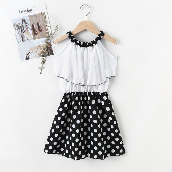 

Girls Polka Dot Ruffle Halter Dress, Black and white