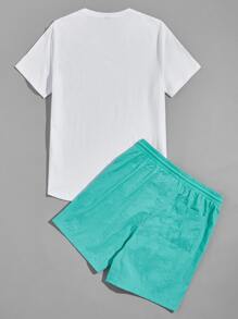 Manfinity RebelGame 男士圖案T恤和腰部抽繩短褲套裝 - 彩色 - 查看 2