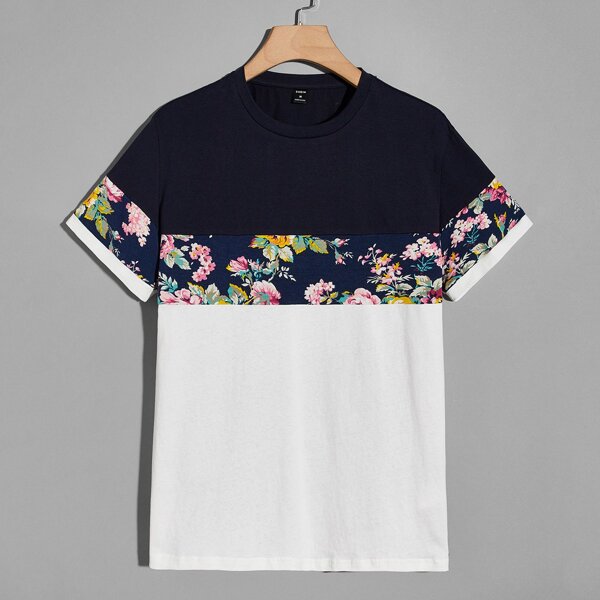 

Men Colorblock & Floral Print Tee, Multicolor