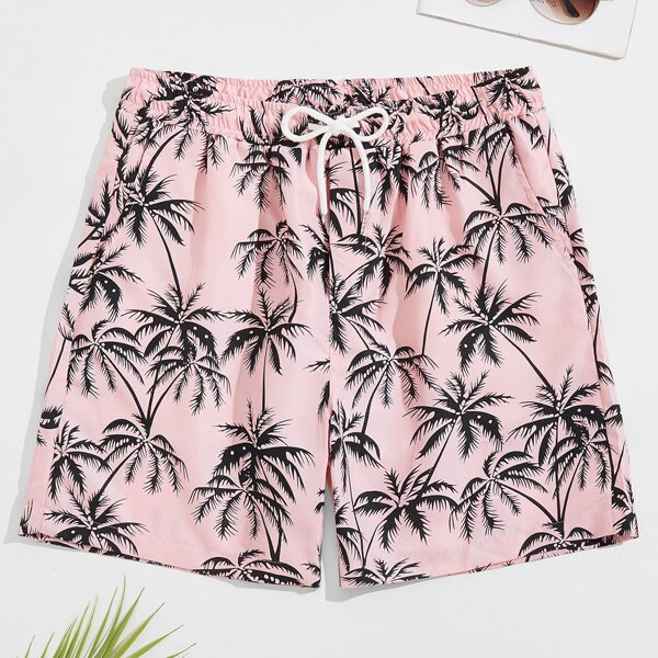 

Men Tropical Print Drawstring Waist Swim Trunks, Pink