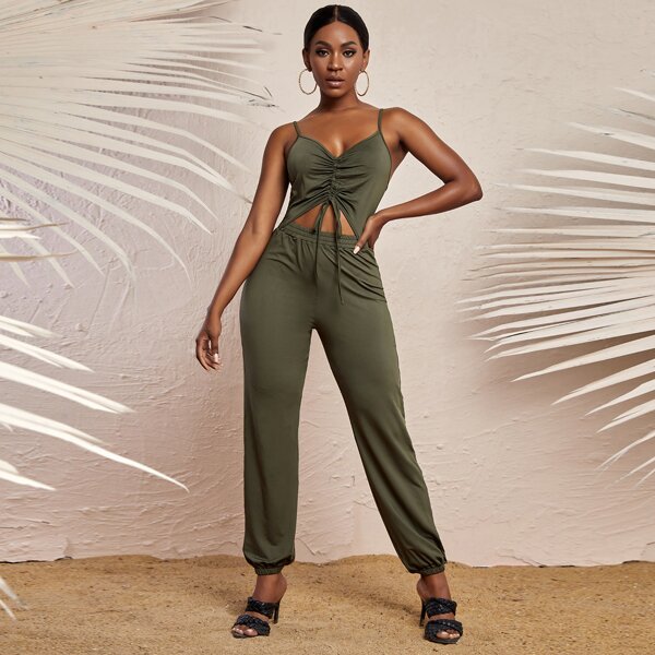 

Solid Ruched Peekaboo Cami Jumpsuit, Army green