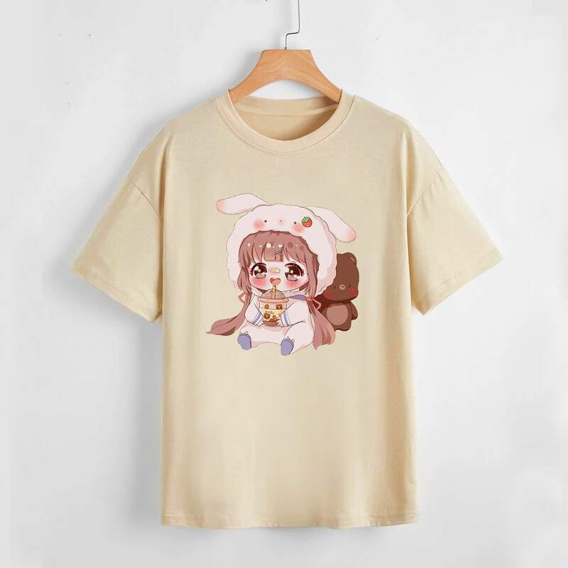 

Cartoon Figure & Bear Graphic Tee, Khaki