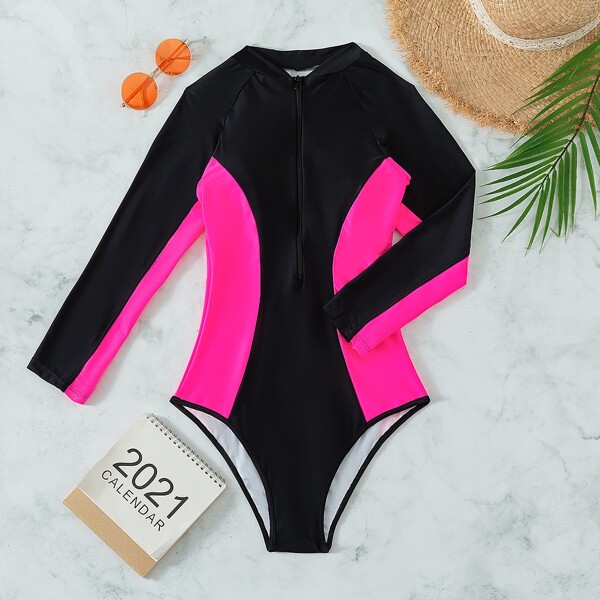 

Color Block Zip Front One Piece Swimsuit, Multicolor