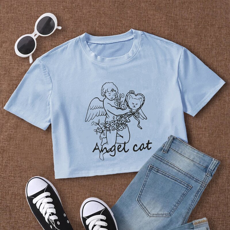 

Letter Angel & Cat Graphic Crop Tee, Baby blue