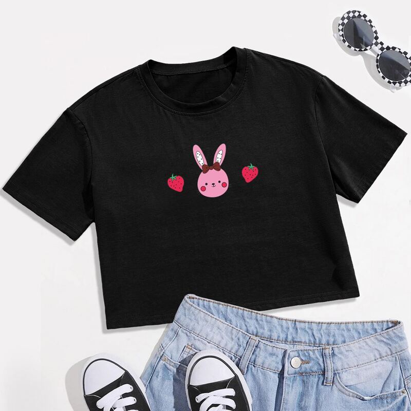 

Cartoon Rabbit & Strawberry Graphic Crop Boxy Tee, Black