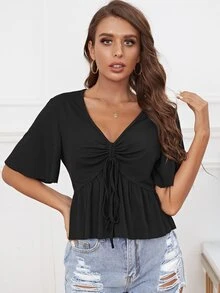 T-Shirt mit Schnürung vorne und Rüschen - Schwarz - Übersicht 4