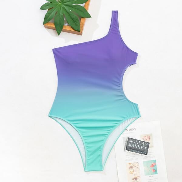 

Ombre One Shoulder One Piece Swimsuit, Multicolor