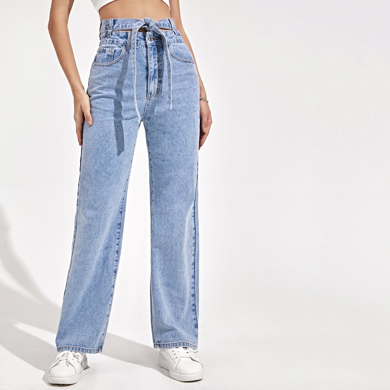 

Zipper Fly Wide Leg Belted Jeans, Blue