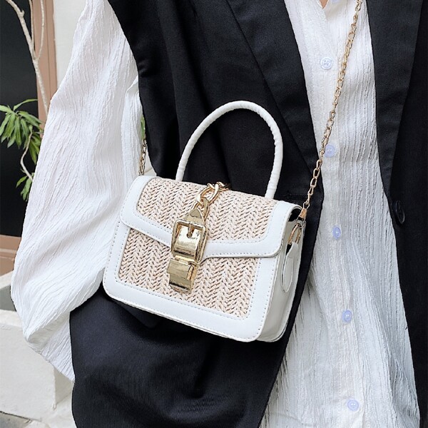 

Buckle Decor Two Tone Satchel Bag, White