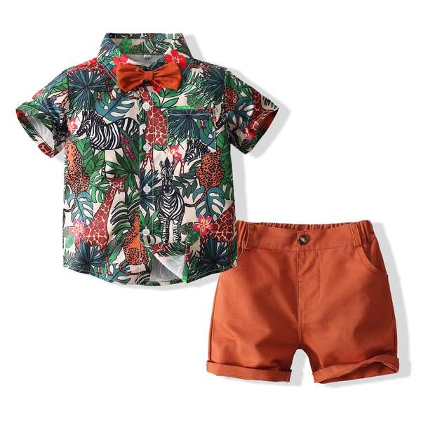 

Toddler Boys Animal Print Bow Shirt With Shorts, Multicolor