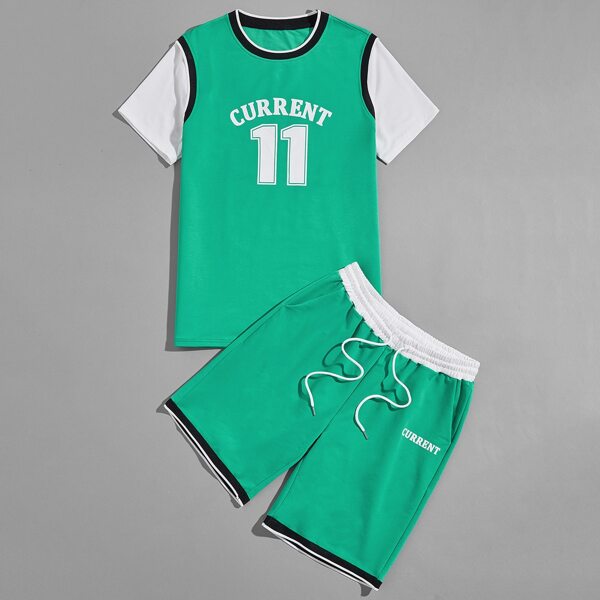 

Men Letter Graphic Contrast Binding Tee & Drawstring Shorts, Green