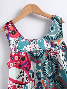 女孩大圓領無袖圖案印花娃娃裙