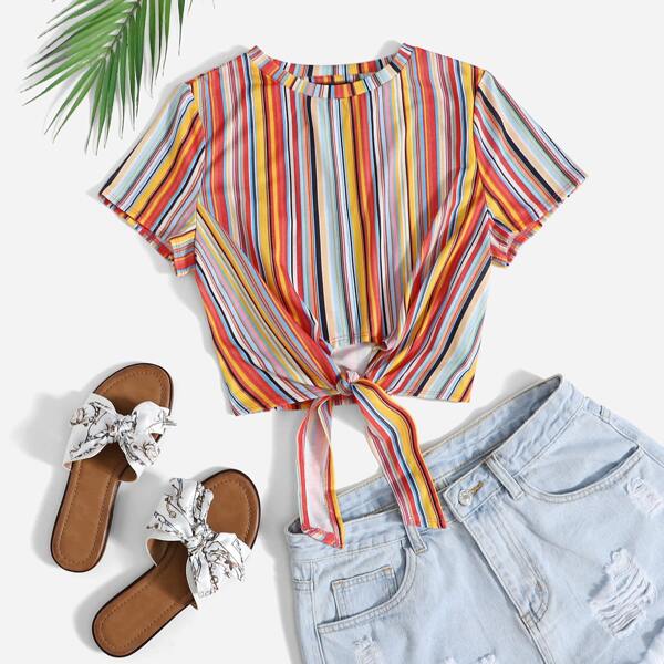 

Tie Hem Rainbow Striped Tee, Multicolor