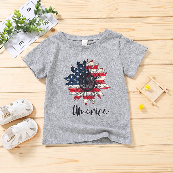 

Toddler Girls American Flag Sunflower Print Tee, Grey