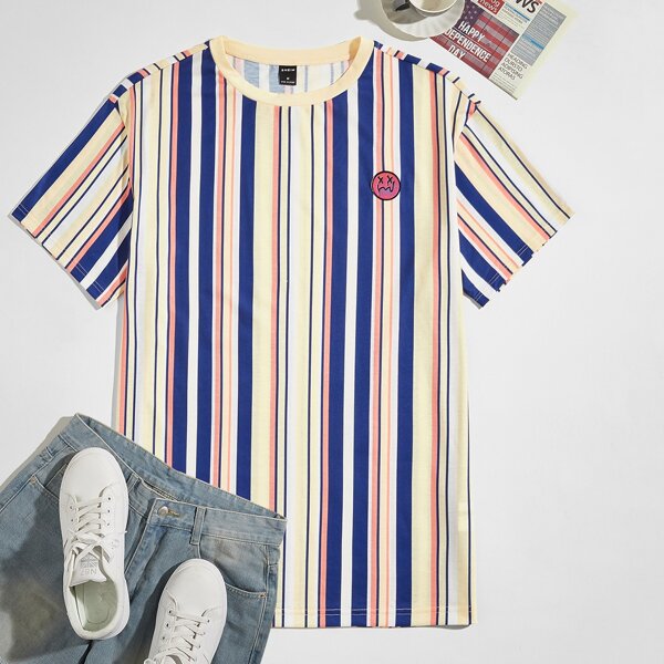 

Men Cartoon Patched Striped Tee, Multicolor