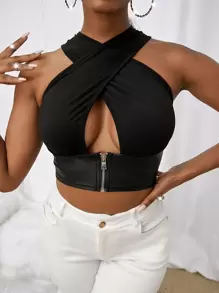 SHEIN SXY 素色交叉拉鍊裝飾短款背心 - 黑色 - 查看 1