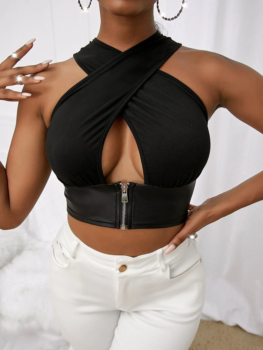 SHEIN SXY 素色交叉拉鍊裝飾短款背心 - 黑色 - 查看 1