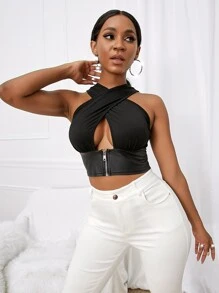 SHEIN SXY 素色交叉拉鍊裝飾短款背心 - 黑色 - 查看 3