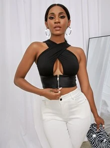 SHEIN SXY 素色交叉拉鍊裝飾短款背心 - 黑色 - 查看 4