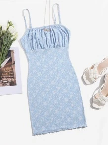 SHEIN Ruched Bust Ditsy Floral Print Dress - Baby Blue - View 1