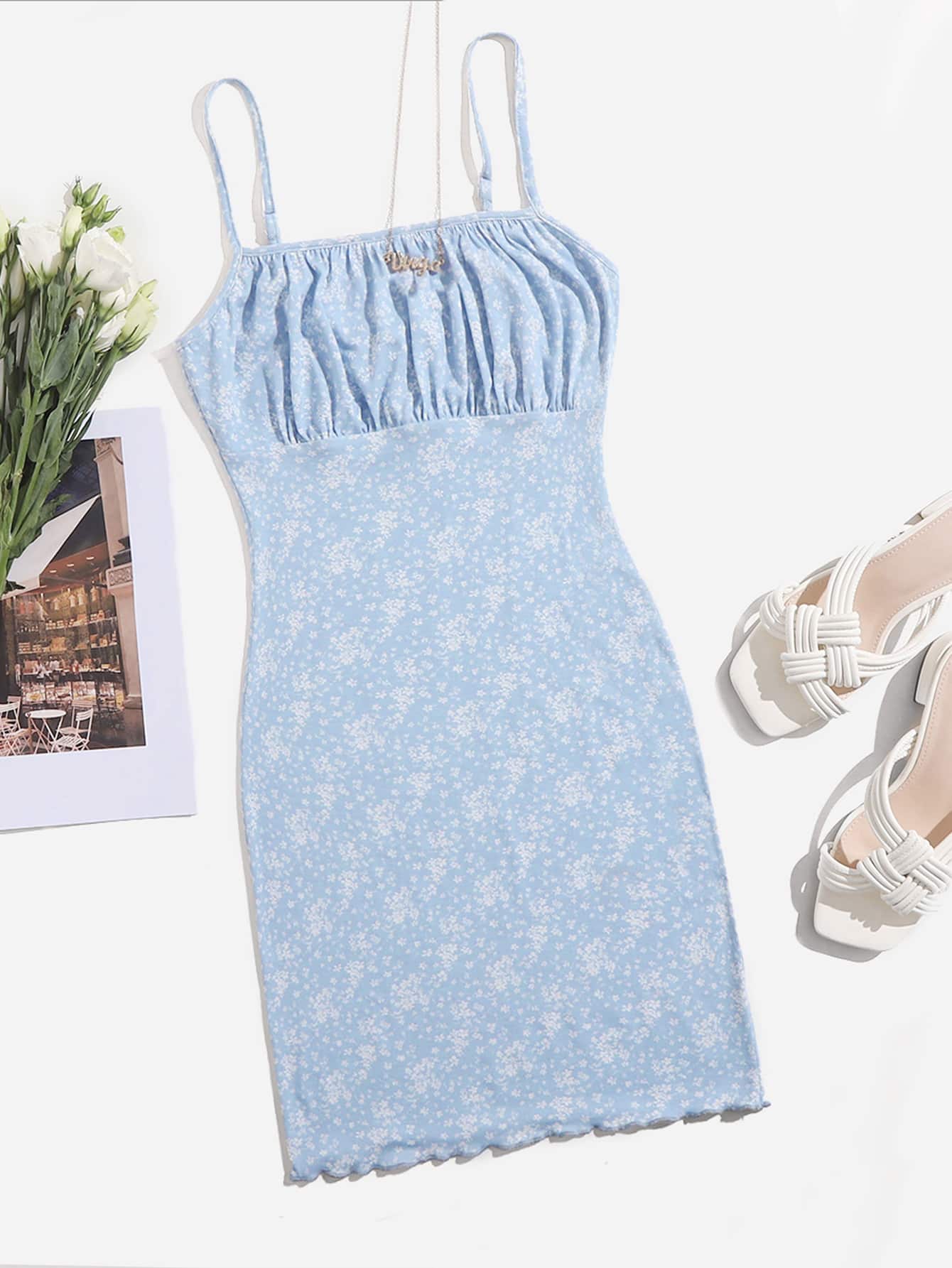 SHEIN Ruched Bust Ditsy Floral Print Dress - Baby Blue - View 1