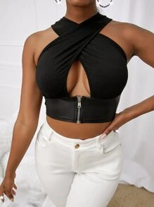 SHEIN SXY 素色交叉拉鍊裝飾短款背心 - 黑色 - 查看 5