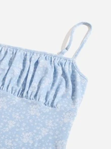 SHEIN Ruched Bust Ditsy Floral Print Dress - Baby Blue - View 4