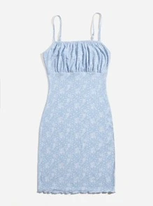 SHEIN Ruched Bust Ditsy Floral Print Dress - Baby Blue - View 5
