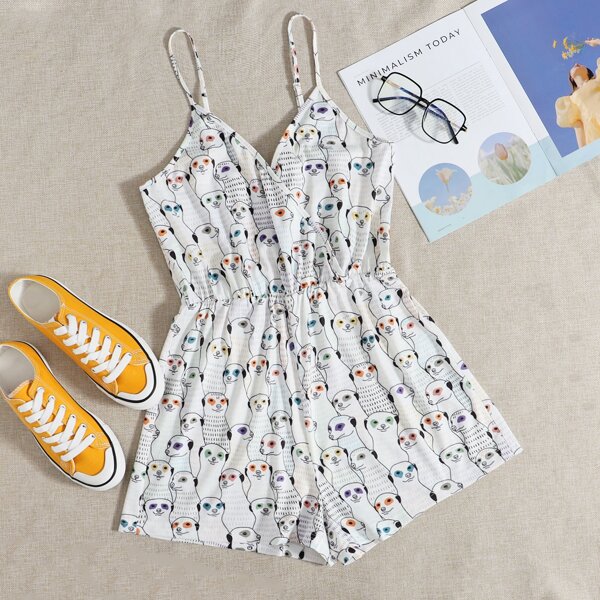 

Cartoon Graphic Surplice Neck Cami Romper, White