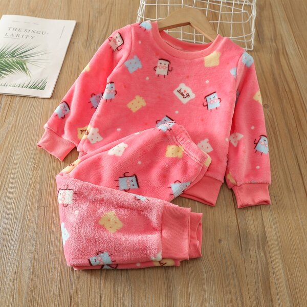 

Toddler Girls Cartoon Graphic Flannel Sweatshirt & Sweatpants, Watermelon pink