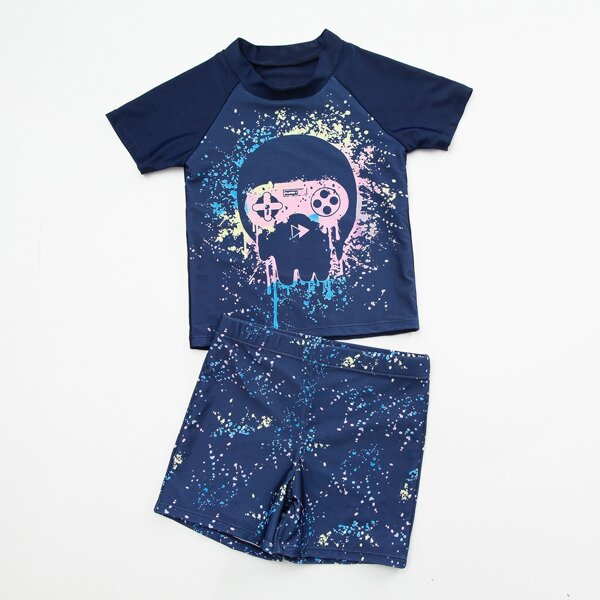 

Boys Console Print Two Piece Swimsuit, Navy blue