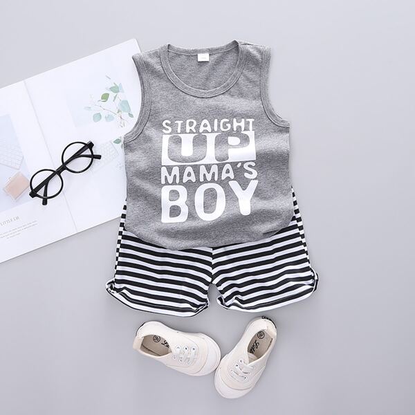 

Toddler Boys Slogan Graphic Tank Top With Striped Shorts, Grey